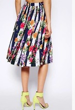 ASOS stripe midi SKIRT viscose full skirt navy  multi floral print uk6 Excel
