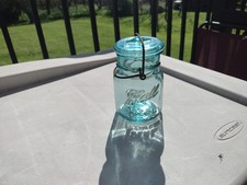 Vintage Ball Ideal 5”x 3.5” Blue Glass Mason Jar w/Lid Pat. July 14, 1908 #0