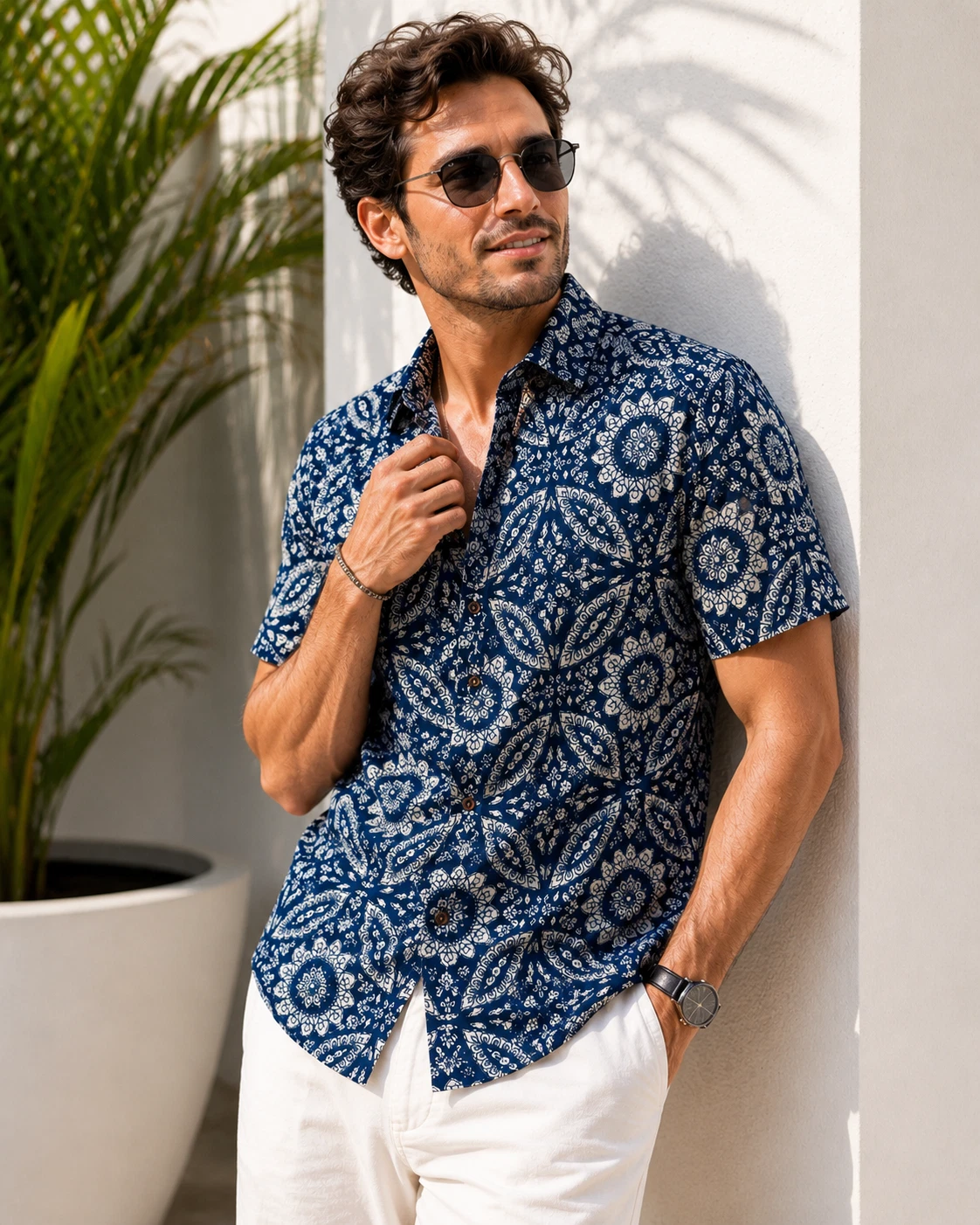 Men Cotton Shirt Indigo Floral Print Short Sleeve Casual Summer Beach Shirt