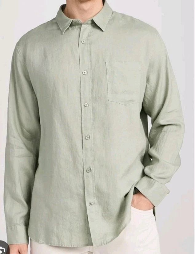 VINCE Mens Shirt XXL Solid Light Green Button Up Long Sleeve 100% Linen NWT
