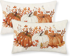 Fall Pillow Covers 12X20 Set of 2 Orange White Maple Leaves Pumpkin Throw Pillow