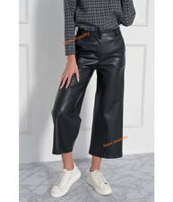 Womens Black Lambskin Leather Cropped Pants Wide Leg Formal Classic Trousers Fit