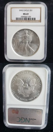 2002 American Silver Eagle 1 Oz Graded NGC MS69 Brown Label 24386
