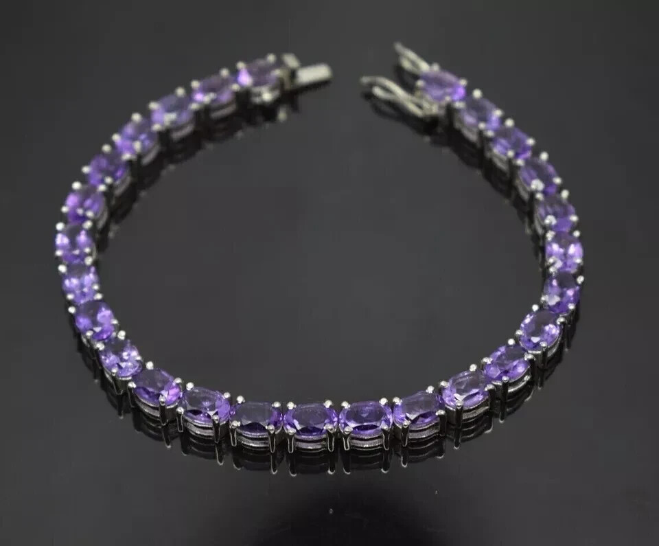 12ct Oval Lab-Created Amethyst Tennis Bracelet in 14k White Gold Plated for Women