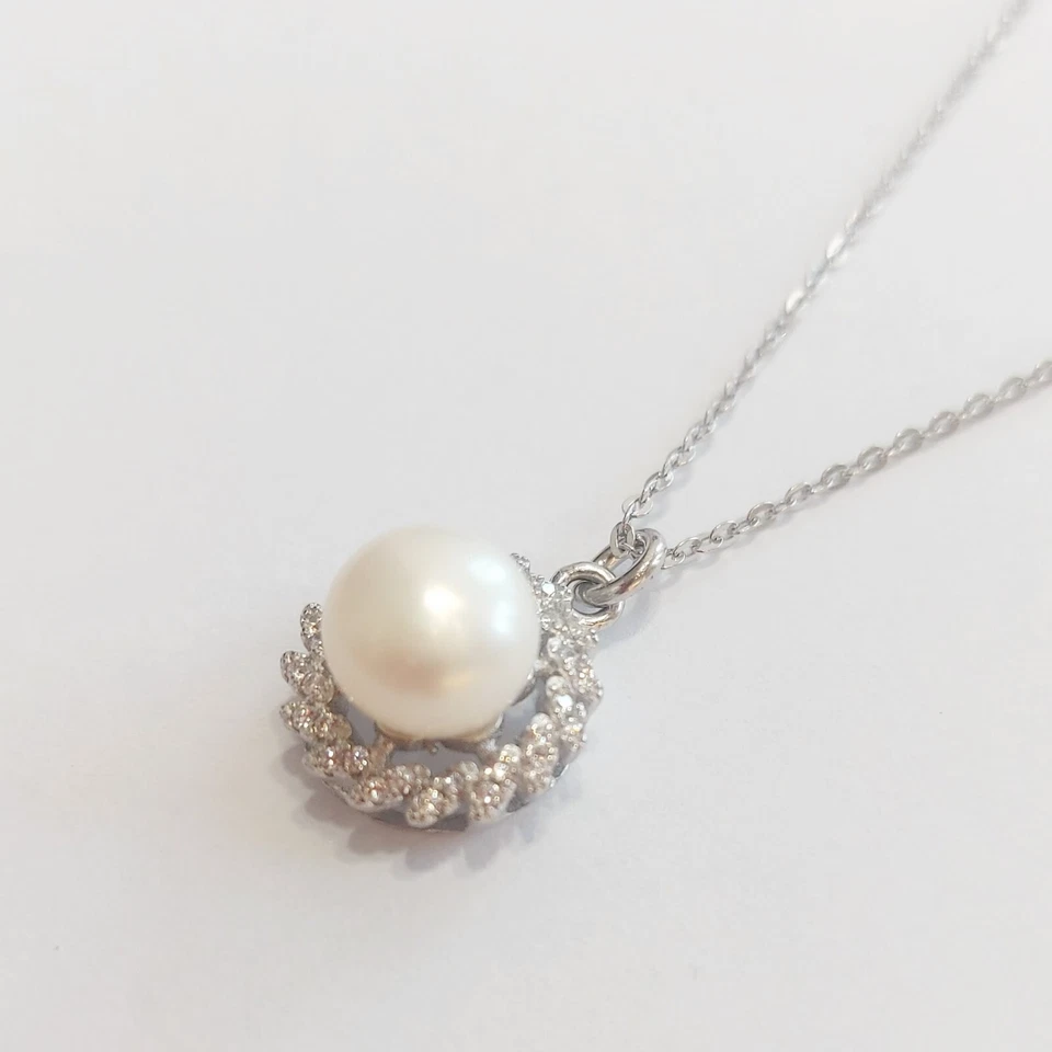 Collana donna argento 925 rodio bianco ciondolo pendente perla zirconi brillanti - Immagine 2 di 4