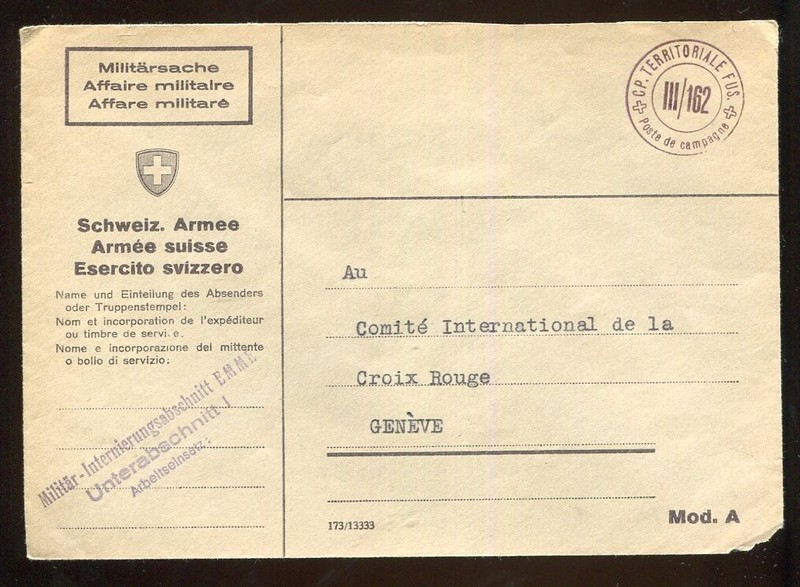 Switzerland Soldier WWII Internee Military cover  Unterabschnitt