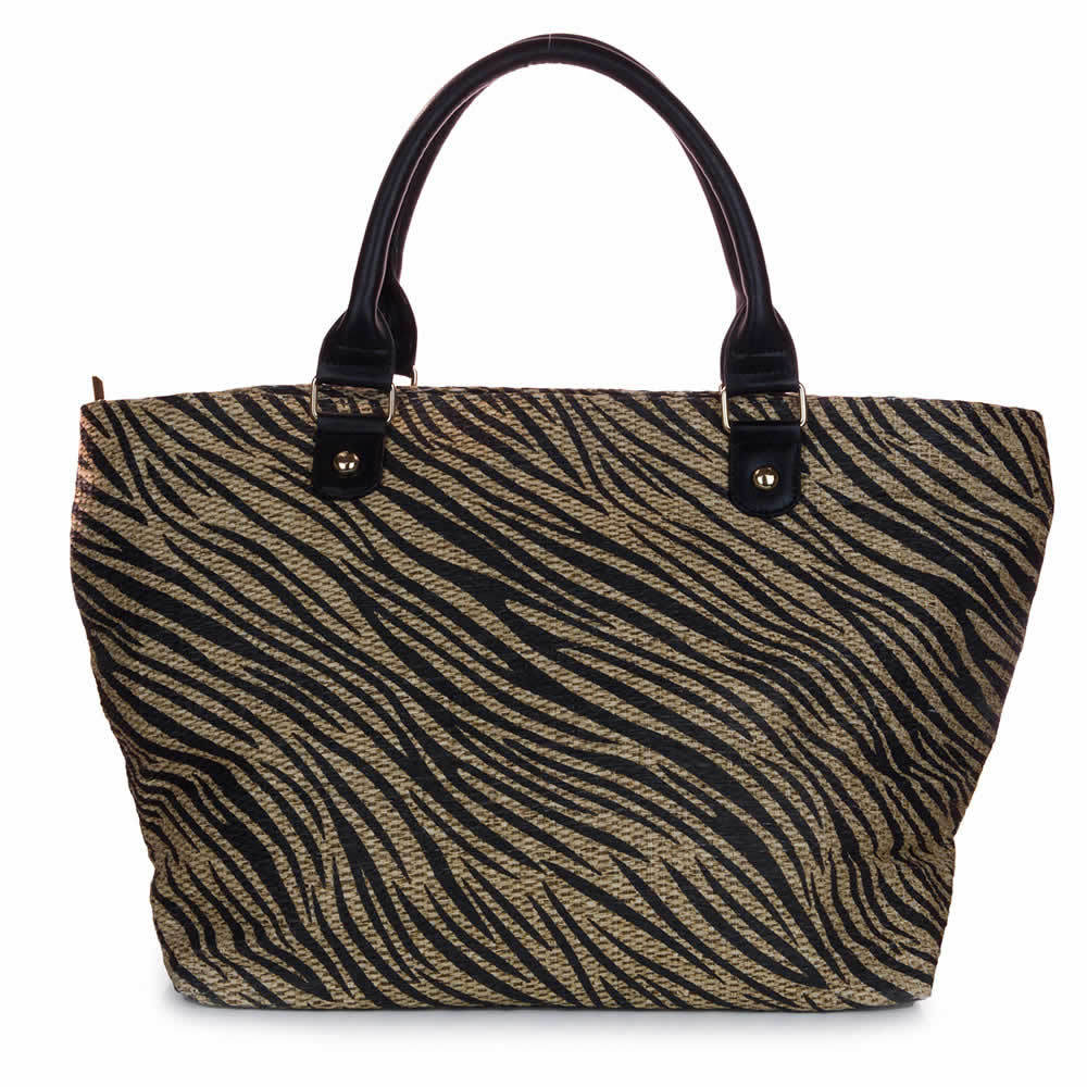 Black Brown Zebra Straw Shopper Beach Gym Tote Bag Handbag Purse
