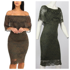 Off Shoulder Ruffle Floral Lace Bodycon Dress - Olive - SMALL