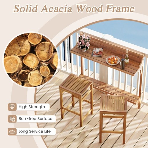 3 PCS Patio Acacia Wood Dining Set Height Bar Table & 2 Curved Seats W/Footrests - Picture 6 of 9