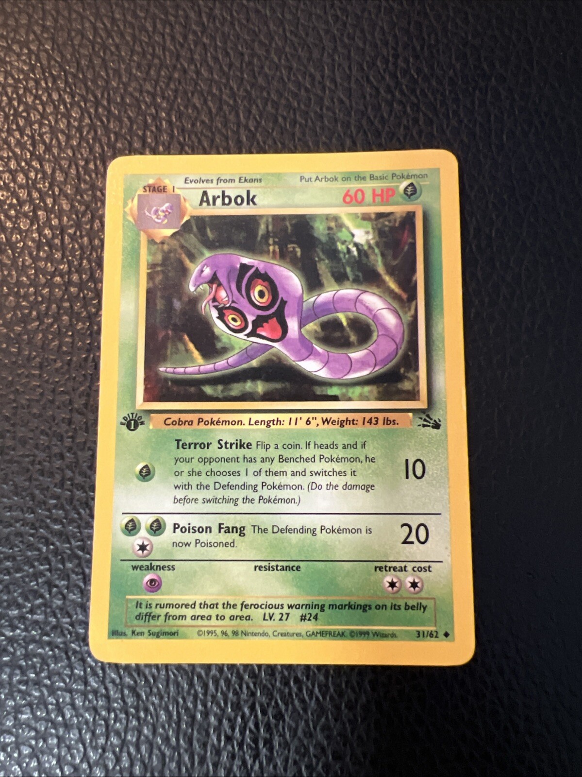 1st Edition Arbok 31/62 Fossil F2 Pokemon 1999 Vintage WoTC LP