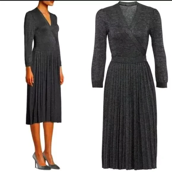 Maglione KATE SPADE Dashing Beauty gonna a pieghe maglia metallica abito taglia XXS