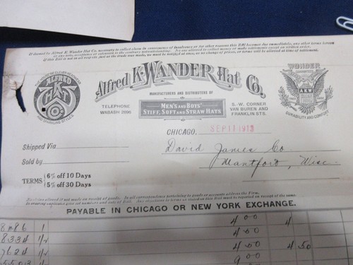 5 c1911 BILLHEADS ALEXANDER K WANDER HAT CO PETERS SHOE CO BOYS BUTTON 7X9"#21 - Picture 5 of 6