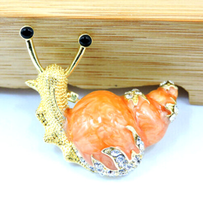 Adorable Rhinestone SNAIL Shell Goldtone Orange Sherbert SWIRL Enamel Brooch