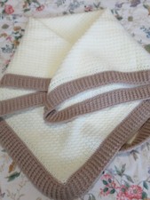 Handmade Warm Textured Cream Brown Border Crochet Baby Blanket 3ft X 3ft
