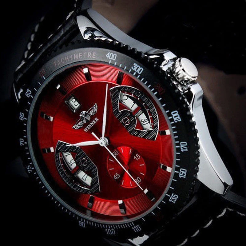Nuevo reloj pulsera mecánico automático del ejército 2025 deportivo rojo cuero negro fecha para hombre Foto 2 de 4