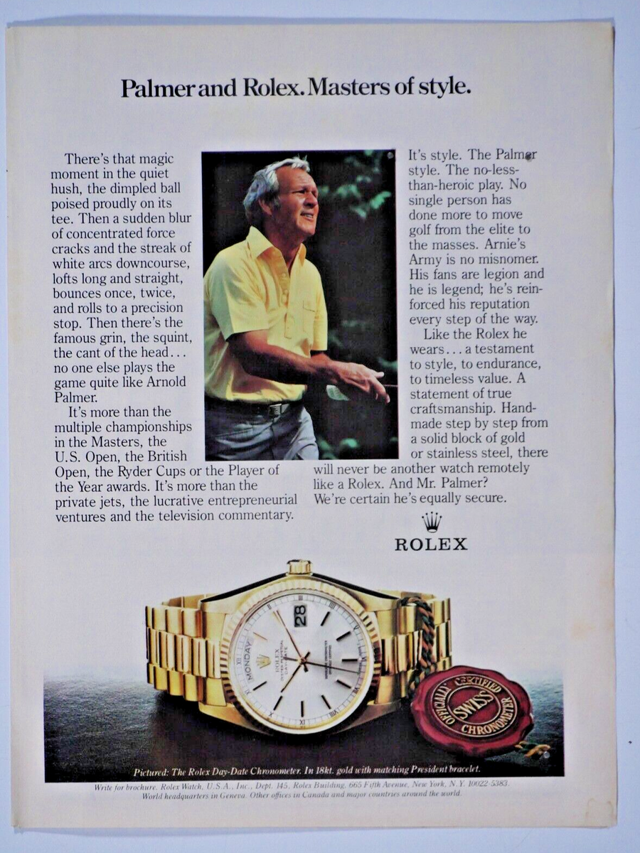 Arnold Palmer Rolex Vintage 1982 Masters Of Style Original Print