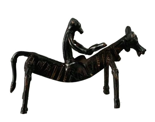 Zoomorphe Statue - Reiter Musiker & Pferd - Dhokra - Metallfigur Indien #6066 - Picture 2 of 8