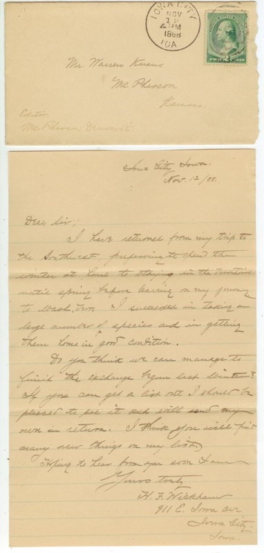 1888 Iowa City letter from H F Wickham, 911 East Iowa Avenue to McPherson Kansas