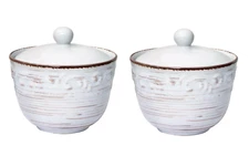 2X Pfaltzgraff Trellis White Sugar Bowl Covered/Lid 12 oz Ceramic Farmhouse Deco