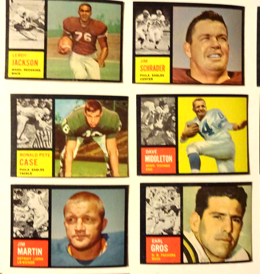 1962 TOPPS FOOTBALL LOT, 18 DIFFERENT CARDS....PERFECT CONDITION
