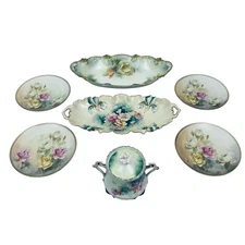 RS PRUSSIA Group ANTIQUE Roses Celery Asparagus Dish, Covered Sugar Bread Plates