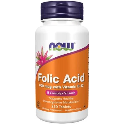 NOW Foods Folic Acid 800mcg + B-12 25mcg 250 Tablets, Energy Support, Prenatal