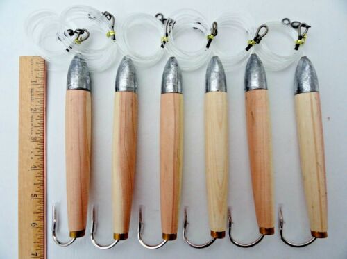 6"Natural Rigged Cedar Plugs 6 Pieces Tuna Trolling Saltwater Fishing Lures - Picture 1 of 4