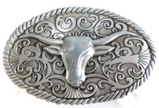 New Steer Long Horn Belt Buckle Cowboy Ornate Rodeo in Package Pewter Tone