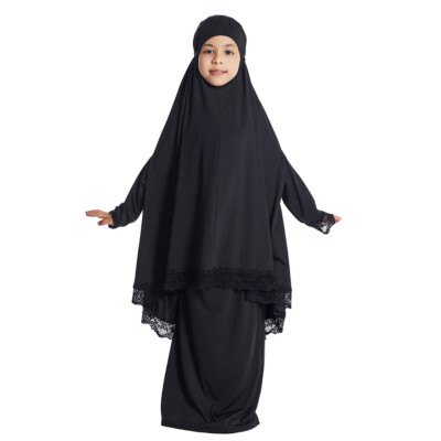 Two Piece Girls Kids Overhead Kaftan Long Skirt Set Muslim Prayer Dress Outfits