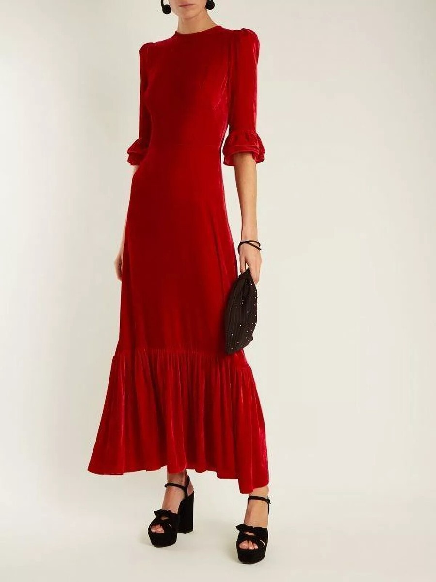 Christmas Red Velvet Dress Ruffle Sleeves And Hem Evening Party Wear Dress  | eBay