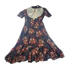 Vtg Cottagecore Midi Dress Floral 80s English Prairie Garden Lace Collar Teacher