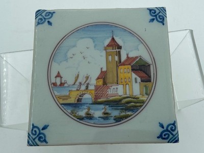 FREE SHIPMENT Unique polychrome TILE MAKKUM Tichelaar Delft Holland circled 3.9