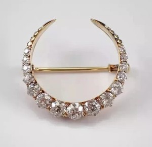 Authentic 14K Yellow Gold Plated Round Lab Created Diamond Crescent Moon Fancy Brooch Pin