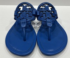 Tory Burch Miller Blue Smooth Leather Textured Logo Sandals Sz 7 M