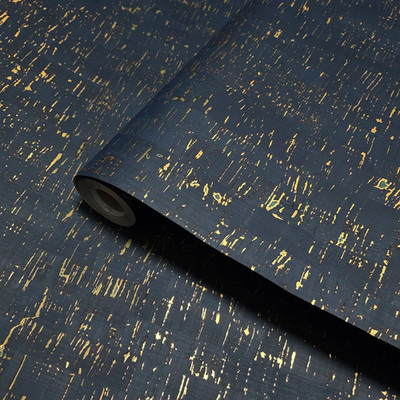 Enchanced natural cork deep navy gold metallic foil striped textured Wallpaper