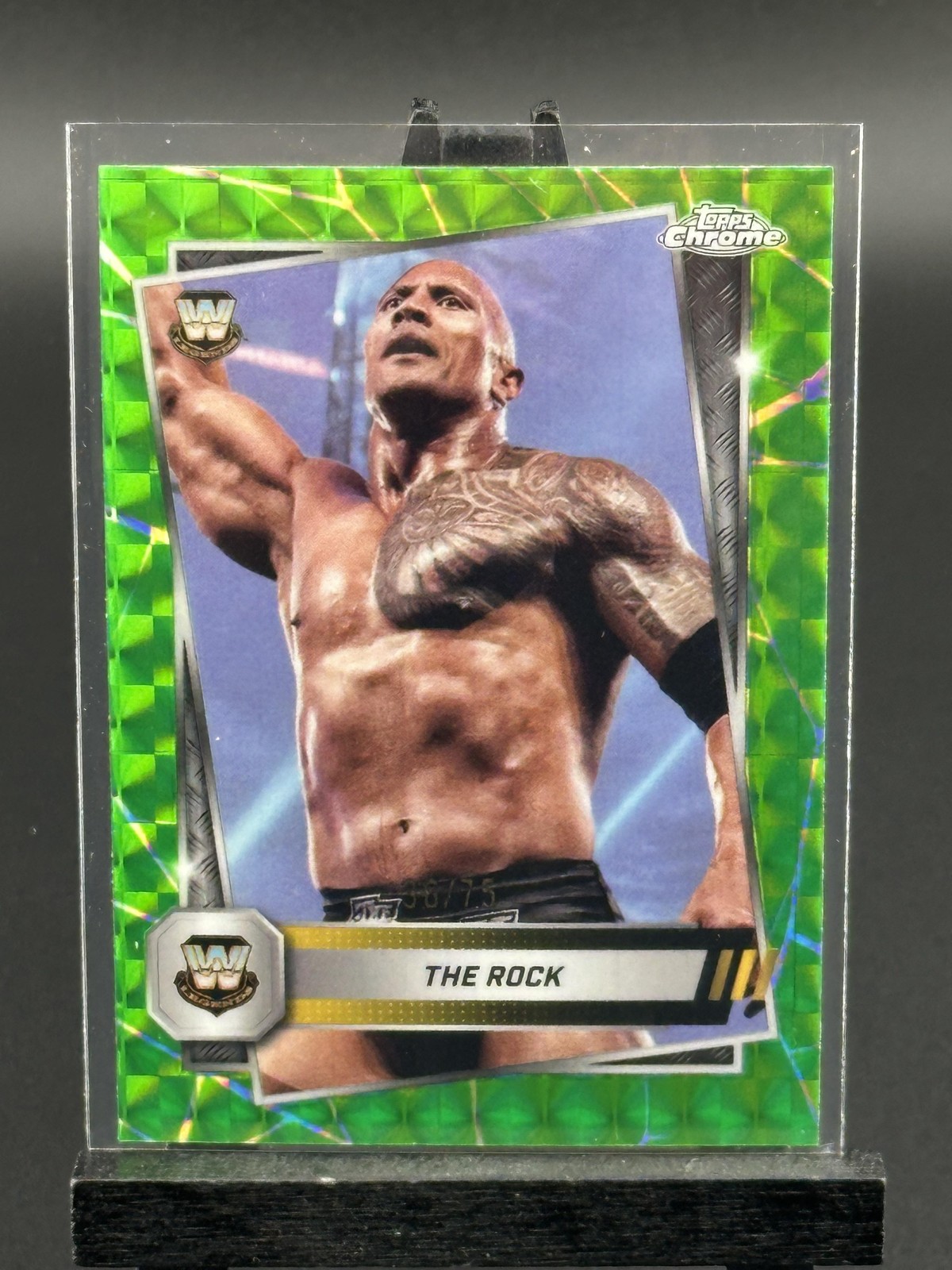 2025 Topps Chrome WWE Neon Green Geometric Refractor #10 The Rock 36/75