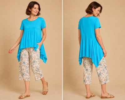 New Umgee M 8 10 Turquoise Blue Linen Blend Sharkbite Hem Oversized Tunic Top
