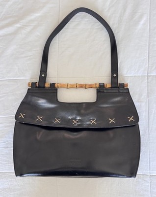 VINTAGE CLAUDIA FIRENZE Italian 100% Leather Shoulder bag Black W/ Bamboo handle