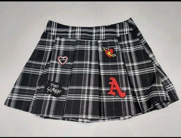Black Plaid Tennis Skirt with Patches for Girls Size 11-13 - New
