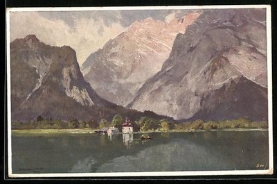 Künstler-AK Edward Harrison Compton: St. Bartholomä, Uferpartie am Königsee 
