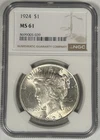 1924 Peace Silver Dollar Coin NGC MS 61
