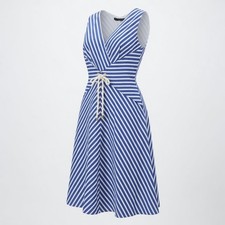 Ralph Lauren LRL Dress Womens 12 Blue White Striped V Neck Rope Tie A-Line