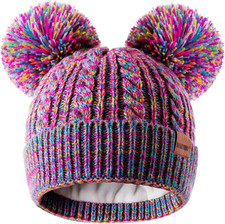 Cozy Double Pom Pom Beanie for Kids - Warm Fleece Lined Winter Hat