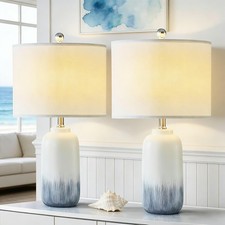 24" Blue Ceramic Table Lamps Set of 2, Modern Coastal Blue Bedside Nightstand...