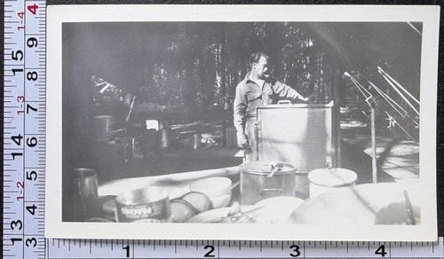 WW2 Era Military BW Photo Snapshot Army Field Cooking Pots Pans Tent