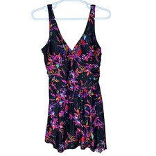 Tropical Floral Swim Dress V-Neck Ruched One Piece Swimsuit Black Multi 2XL