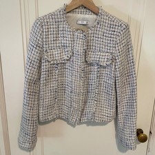 Mango Tweed Suit Jacket Blazer Fringe Trim Small