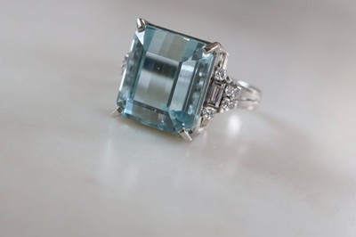 Natural Aquamarine & Diamond Platinum Cocktail Ring