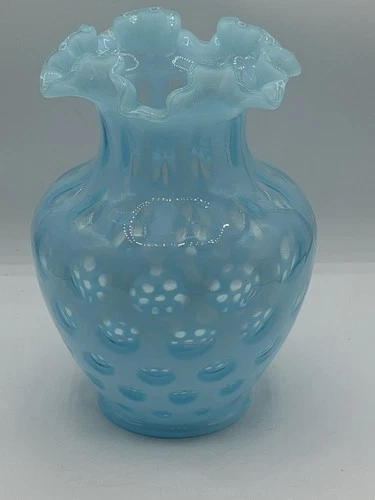 Vintage Fenton Opalescent Blue Coin Dot Ruffled Vase