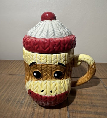 Monkey Figural Ceramic Coffee Mug w/ Lid, 8 fl oz, Brown Red White